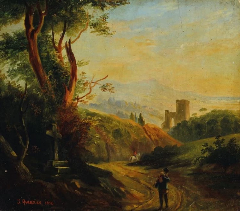 Escursionisti sulla strada per un castello